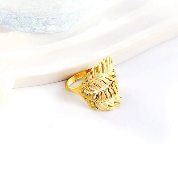 NEW 18K yellow gold plated boho feather leaf adjustable ring jewelry B28A - Picture 2 of 3